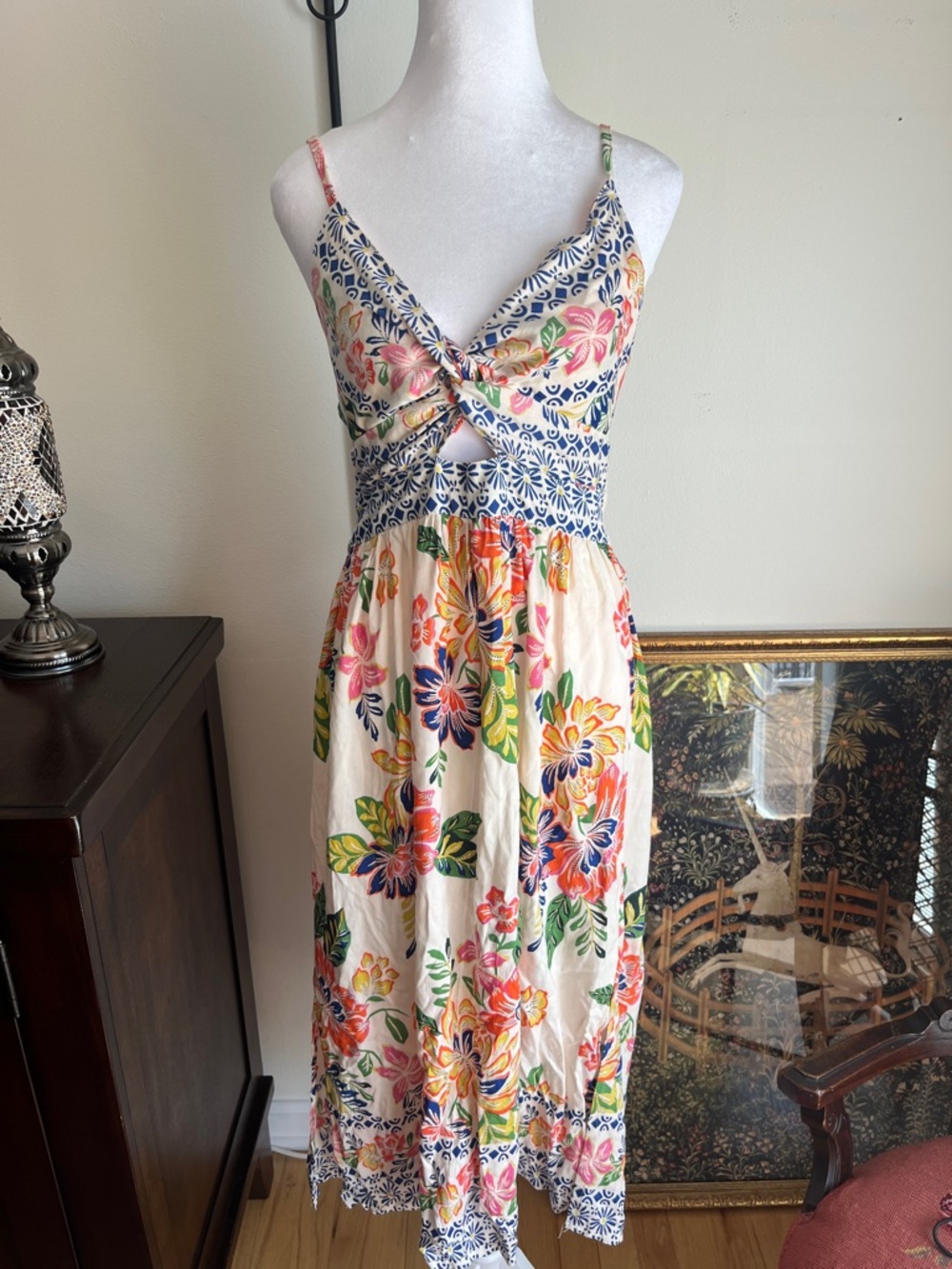 T.J.Maxx Cream Midi Dress with Multicolor Floral Print